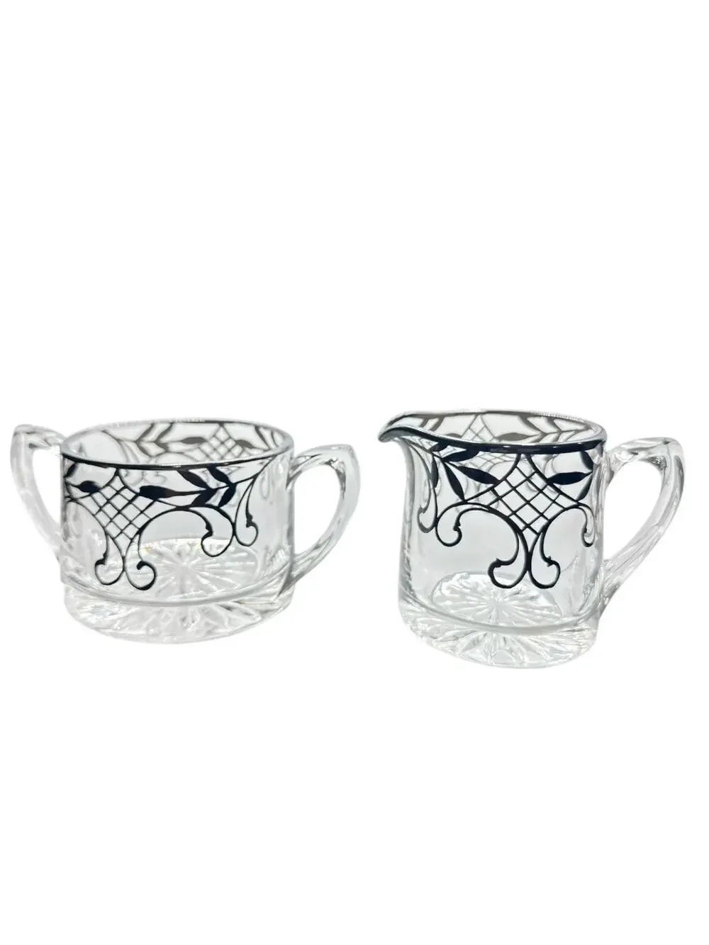 Vintage Heisy Sterling Silver Decorated Glass Creamer and Sugar Set